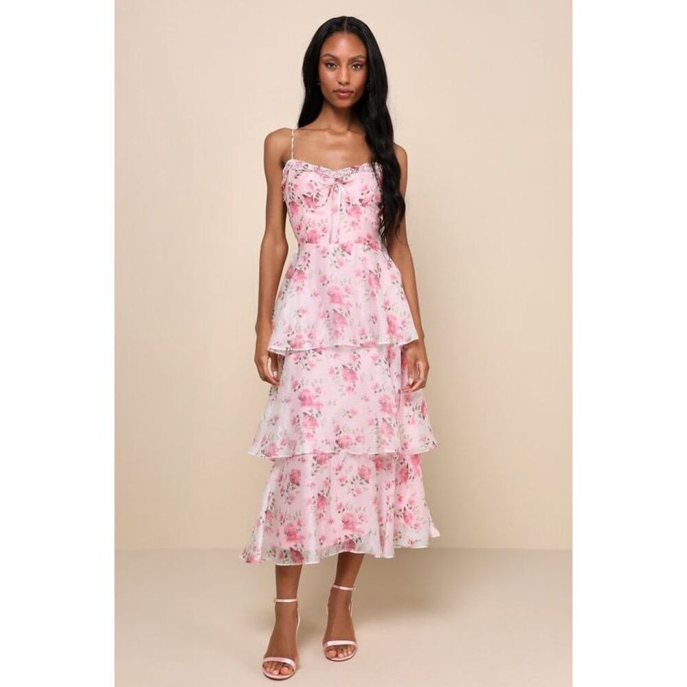 Lulu's Pink Floral Tiered Chiffon Midi Dress
